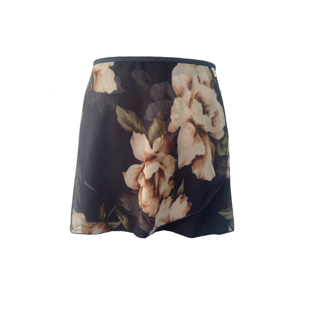 Falda corta azul oscuro rosas grandes beige niña